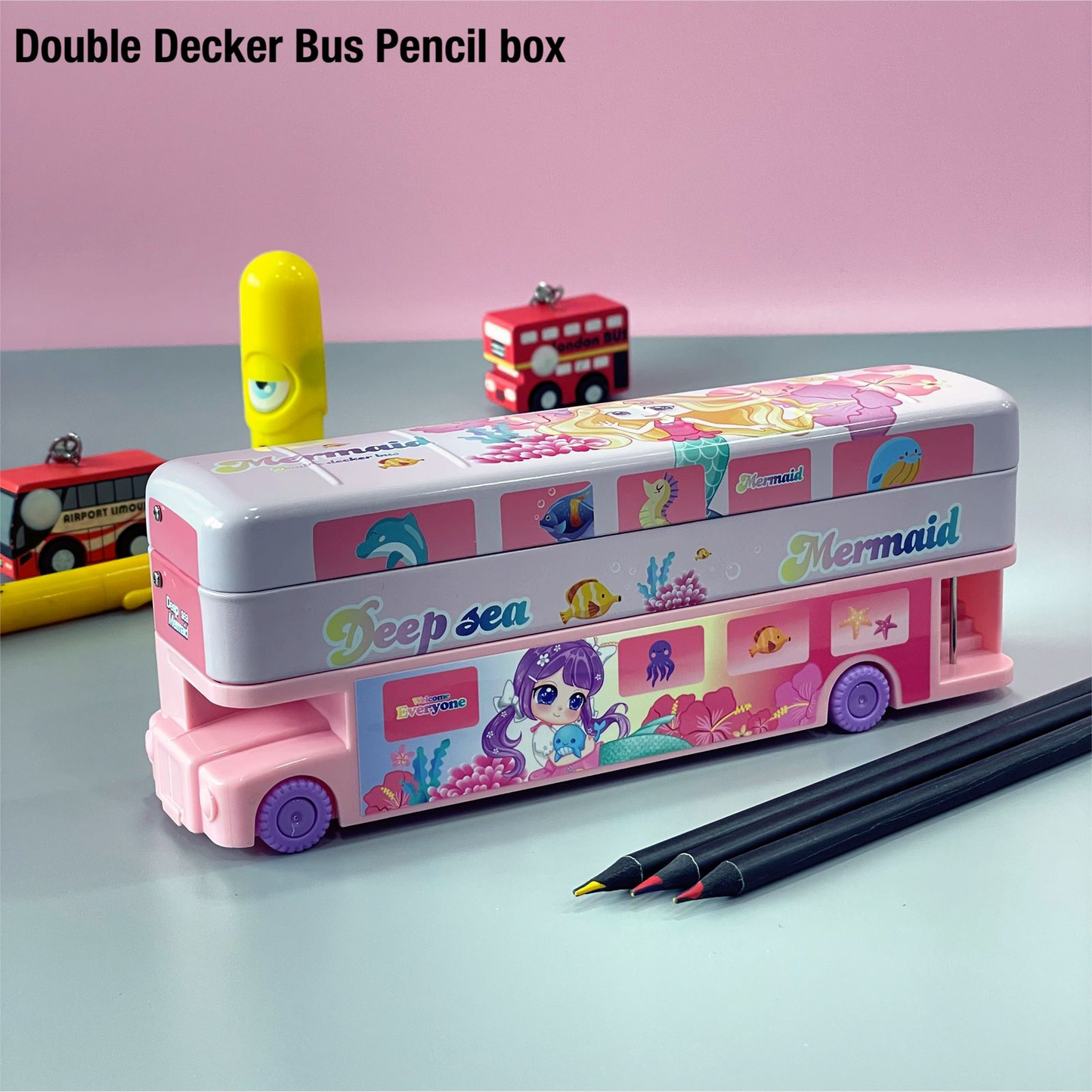 Double Decker London Bus Metal Pencil Box with Moving Tyres and Sharpner