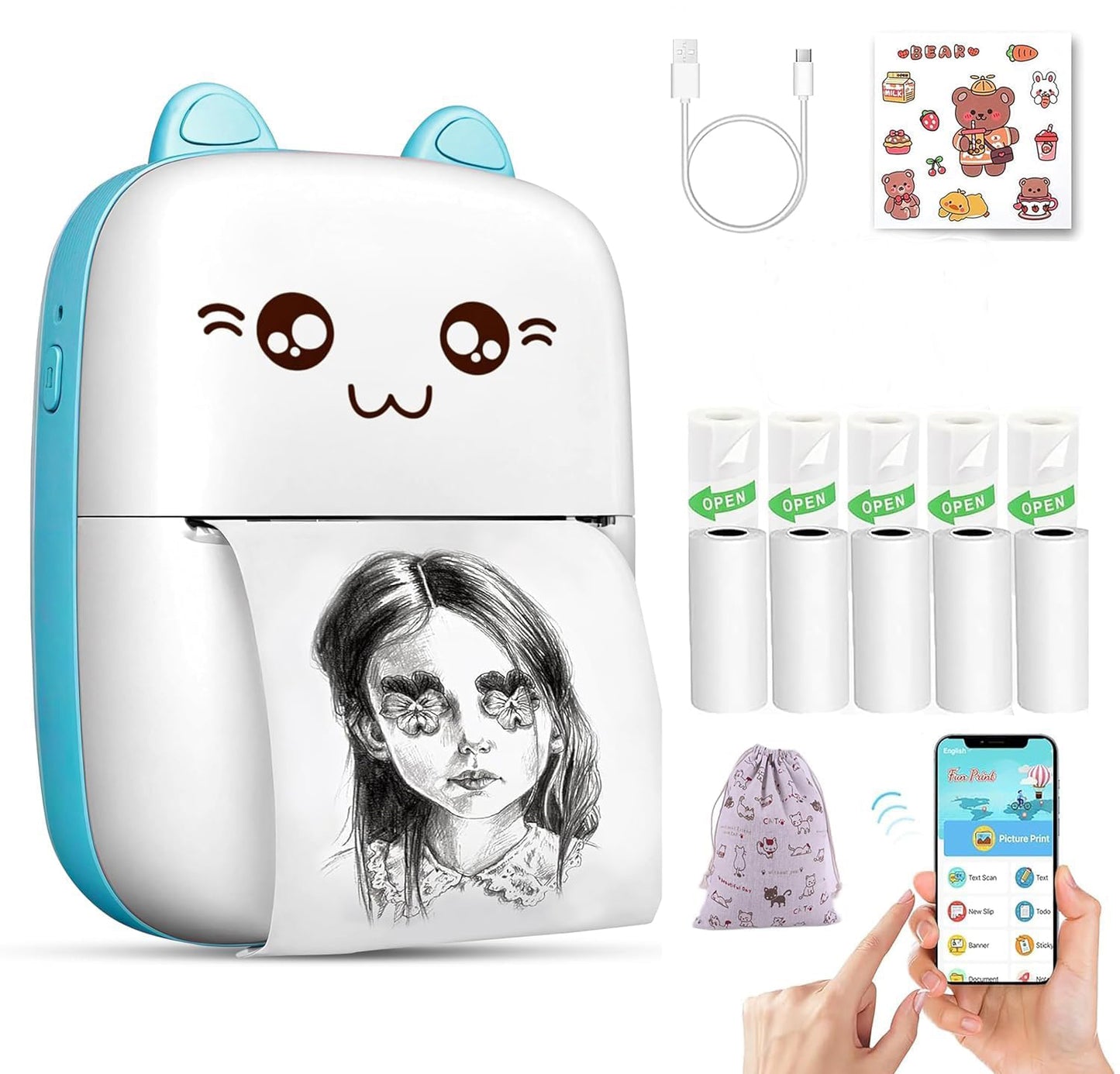 Sicker printer for kids (Bluetooth, include bag, sticker, print roll 5 piece)