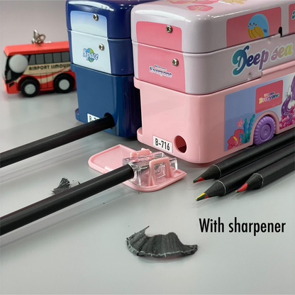 Double Decker London Bus Metal Pencil Box with Moving Tyres and Sharpner